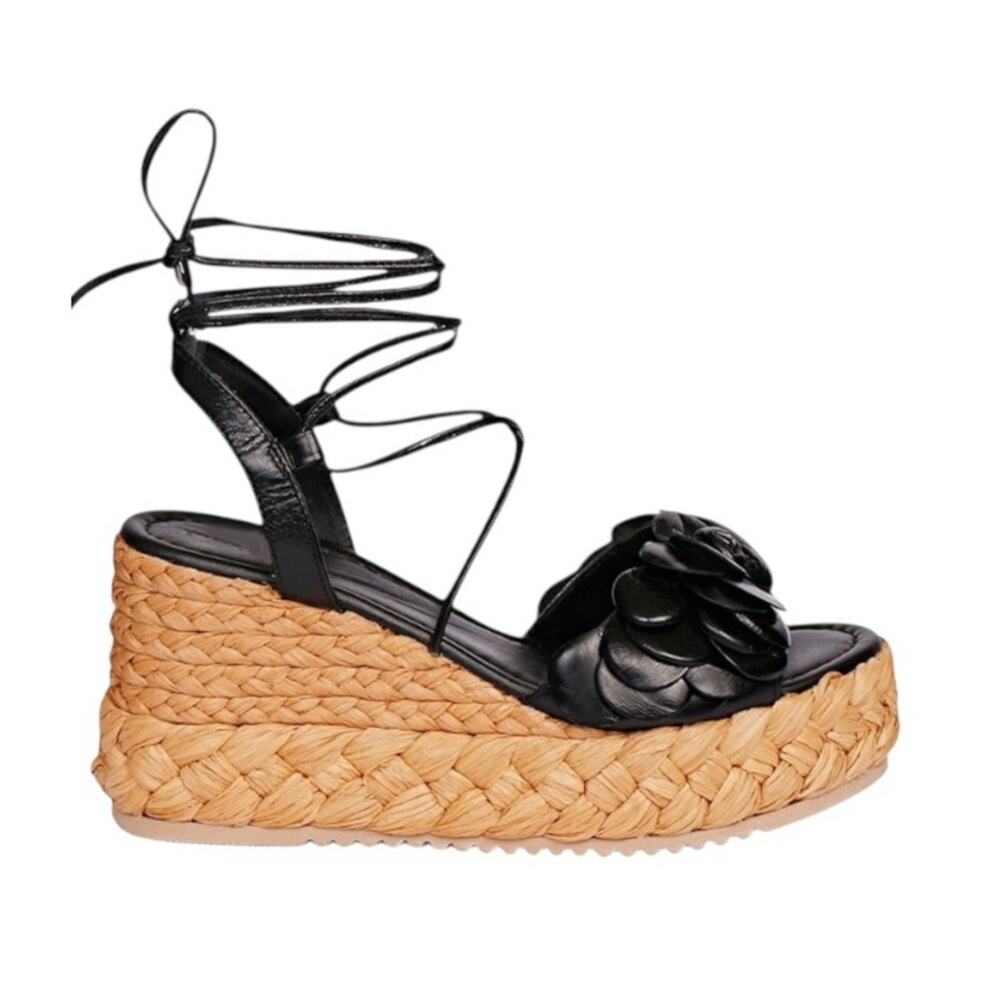 Emanuelle Vee Black Espadrilles Wrap Sandals Women's Size 37 NEW